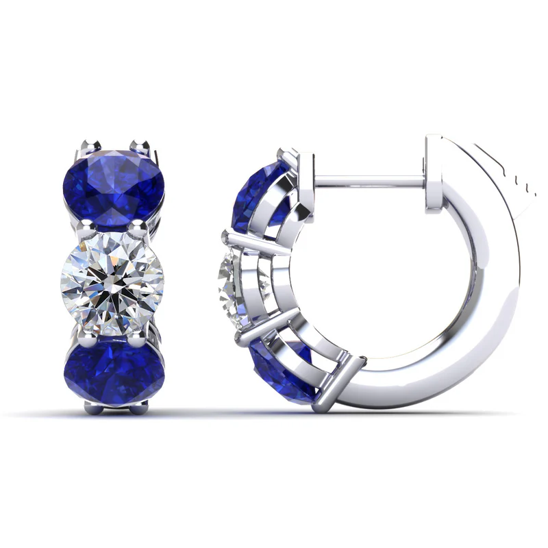 1.50ct Round Sapphire and 0.62ct Diamond Huggie Hoop Earrings in 14K White Gold