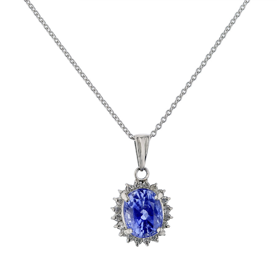 1.89ct Oval Blue Sapphire and 0.16ct Diamond Halo Pendant in 14K White Gold, 16" chain