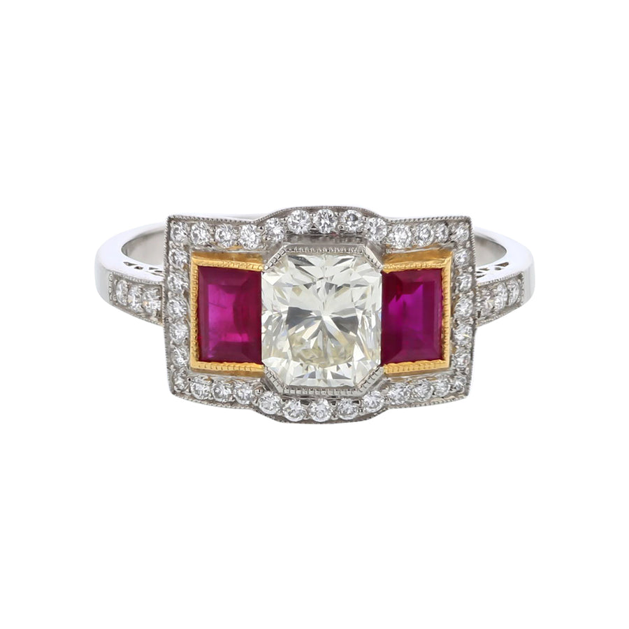 1.01ct Radiant Diamond 0.26ct Full Cut Diamonds and 1.14ct Straight Baguettes Ruby Ring in Platinum and 18k Yellow Gold