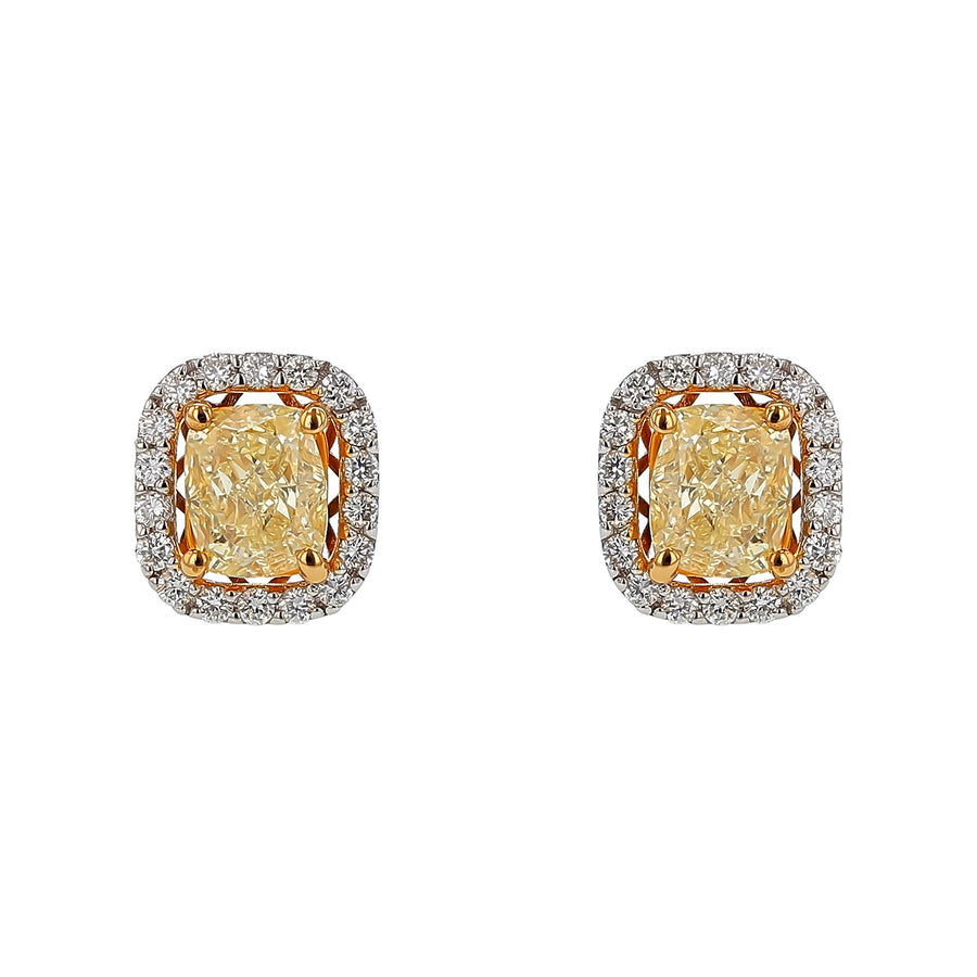 2.05ct Fancy Yellow Diamond and 0.36ct Diamond Halo Stud Earrings in 18K White Gold