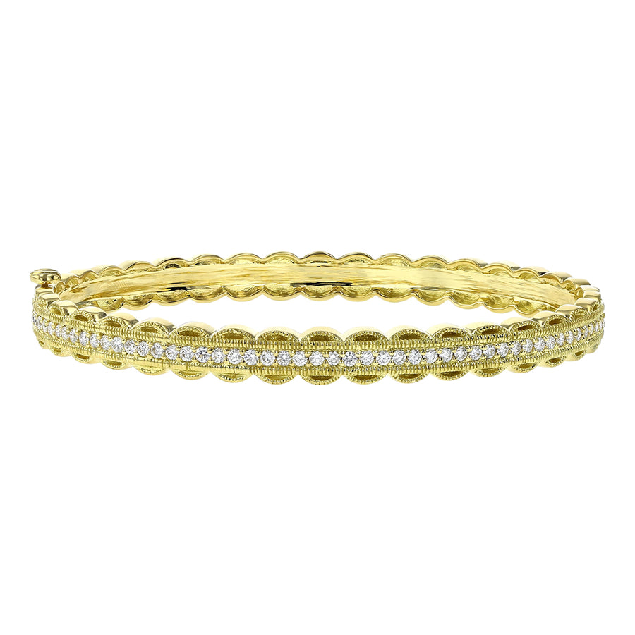 Scalloped Edge Diamond Hinged Bangle Bracelet in 18K Yellow Gold
