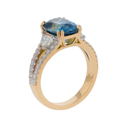 5.22ct Cushion Cambodian Blue Zircon and 0.54ct Trapezoid Diamonds 0.34ct Full Cut Diamonds Ring in 18k Yellow Gold, Size 6.5