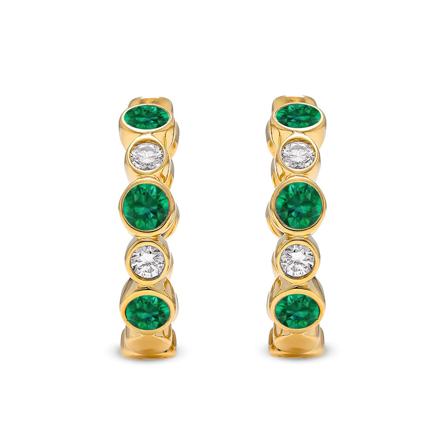 Bubbly 0.33ct Emerald and 0.17ct Diamond Mini Hoop Earrings in 18K Yellow Gold