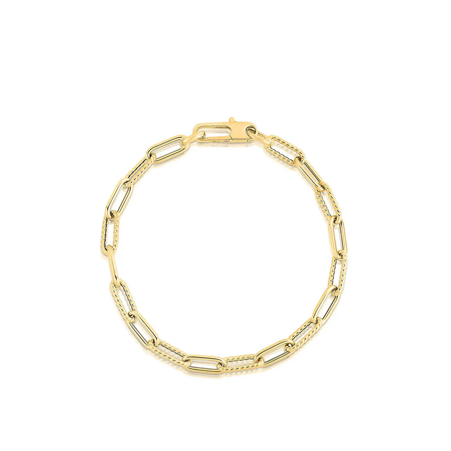 Designer Gold Alternating Shiny and Fluted Paperclip Link Bracelet in 18K Yellow Gold, 8.5"