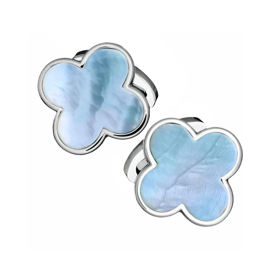 Blue Mother of Pearl Four Leaf Clover Cufflinks in Sterling Silver