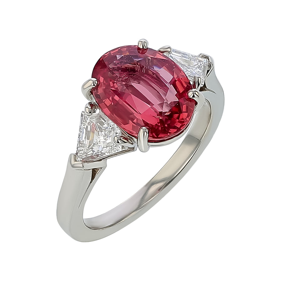 4.02ct Oval Padparadsha Sapphire and 0.77ct Diamond Ring in Platinum, size 6.5