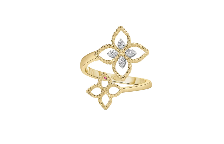 Princess 0.03ct Diamond Flower Bypass Ring in 18K Yellow and White Gold