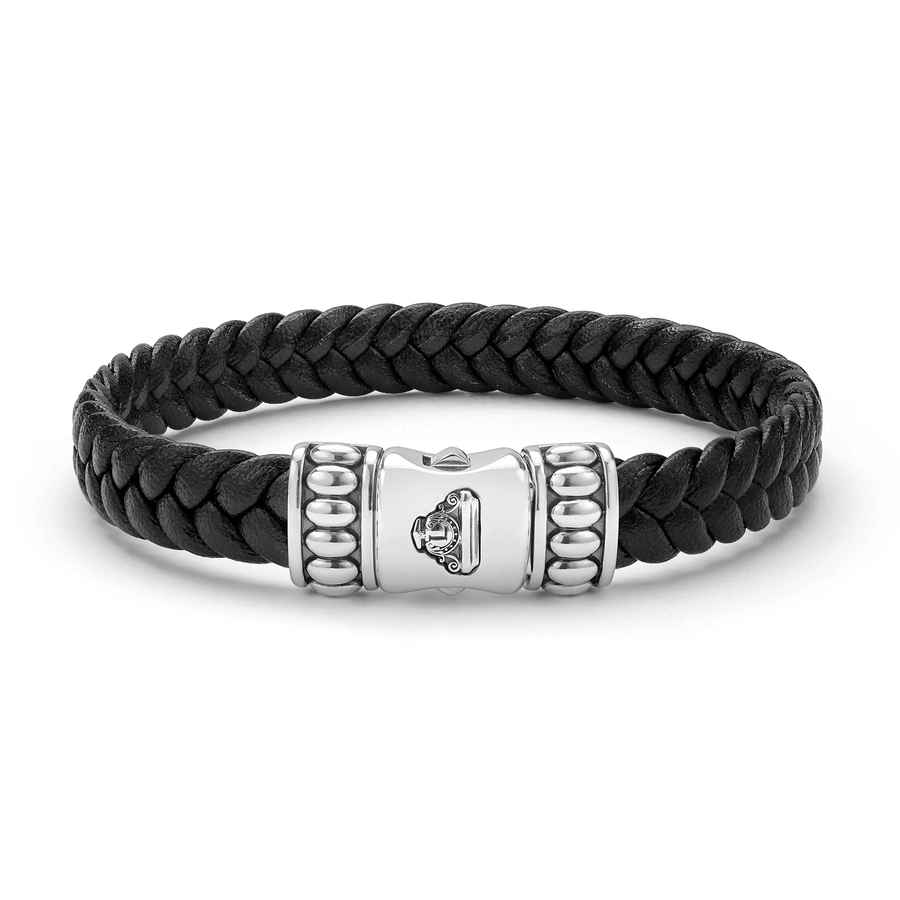Anthem 10mm Black Braided Leather Bracelet in Sterling Silver, size medium