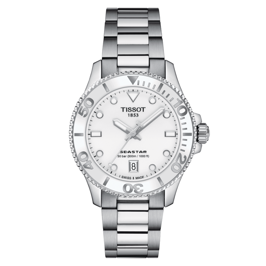 36mm Seastar 1000 Watch with White Index Dial in Stainless Steel, Bracelet