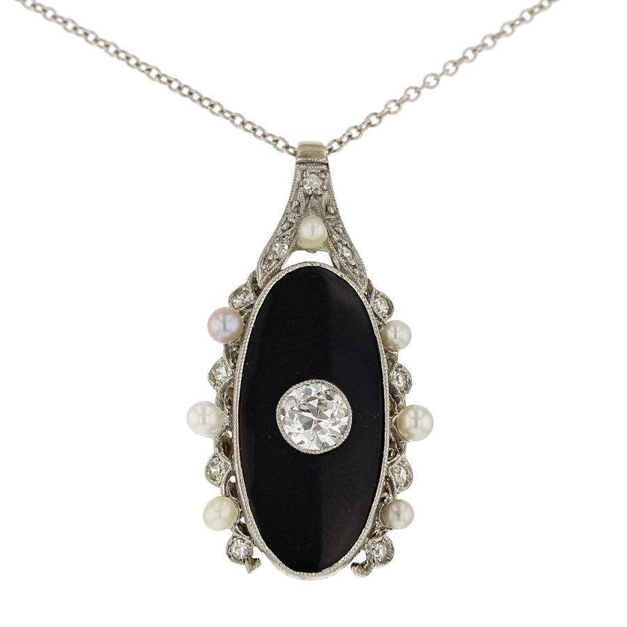 Art Deco Black Onyx, 0.65ct Diamond and Pearl Pendant in Platinum in 14K White Gold, 16" chain