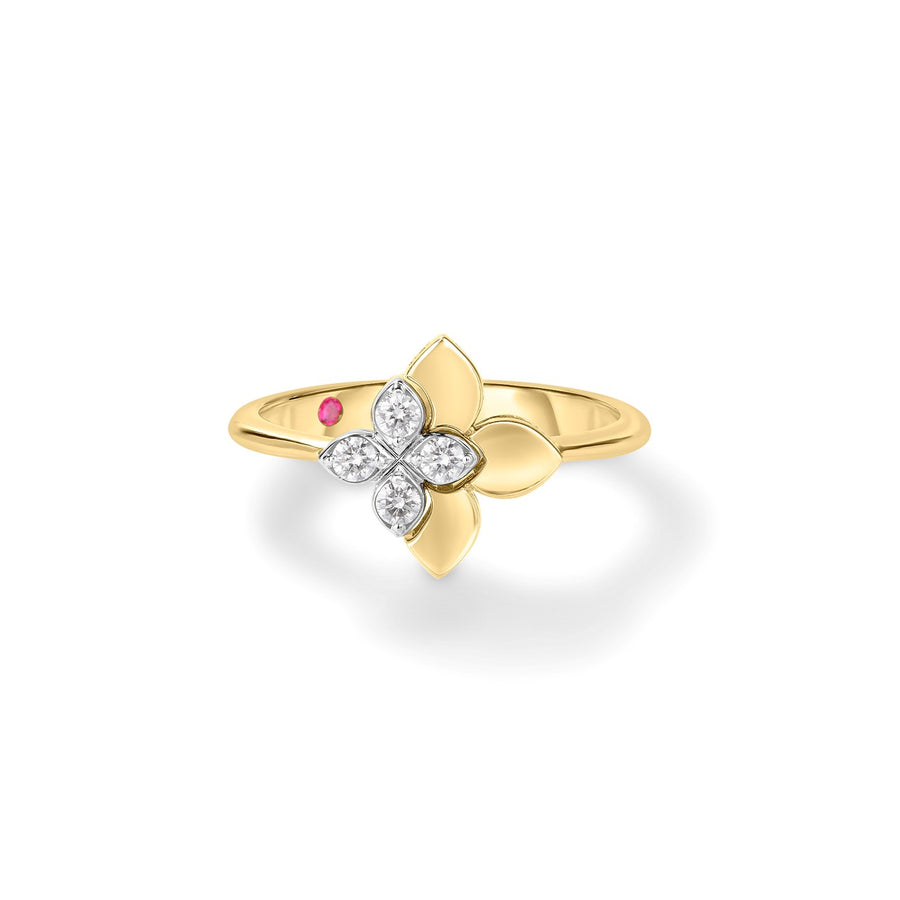Tiny Princess 0.09ct Diamond Flower Ring in 18K White and Yellow Gold, size 7