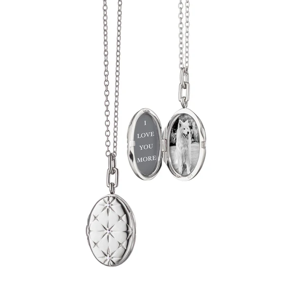 White Sapphire Mosaic Star Design Locket in Sterling Silver, 28-30in Adjustable Chain