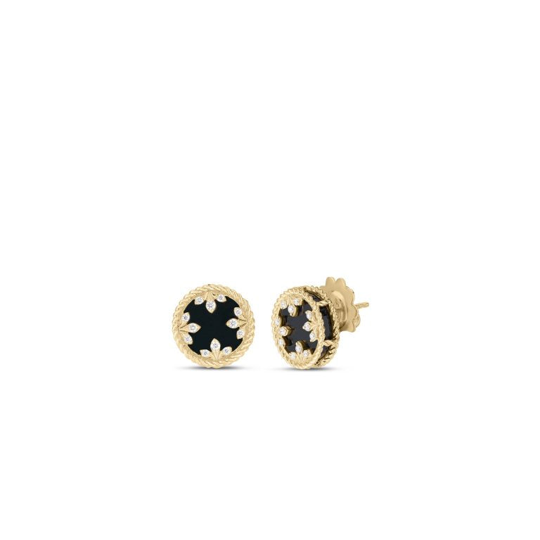 Venetian Medallion 0.10ct Diamond and Black Jade Stud Earrings in 18K Yellow Gold