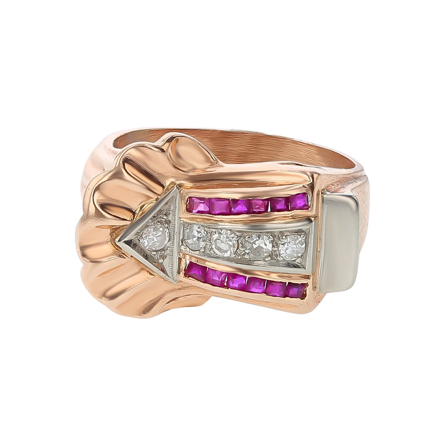 0.15ct Diamond and 0.05ct Ruby Retro Buckle Ring in 18K Rose Gold, Size 7.5