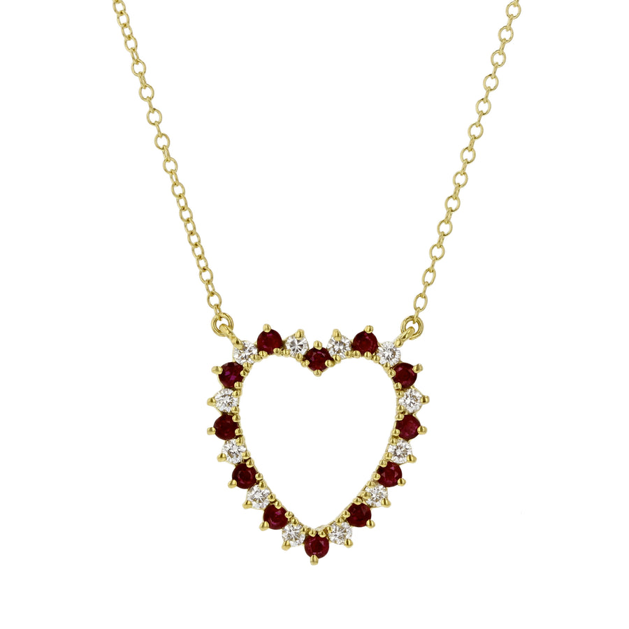 Ruby and Diamond Heart Necklace in 18K Yellow Gold, 18in