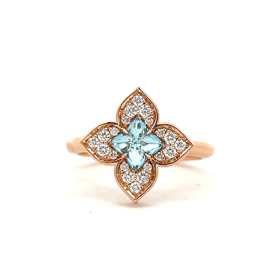Venetian Princess Blue Topaz and Diamond Ring in 18K Rose Gold, Size 6.5