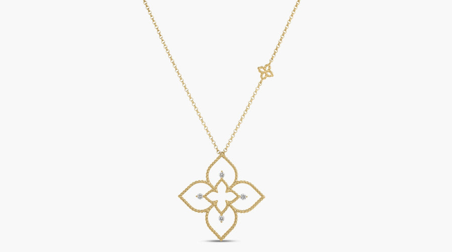 Principessa 0.07ct Diamond Flower Pendant in 18K Yellow Gold, 17" chain
