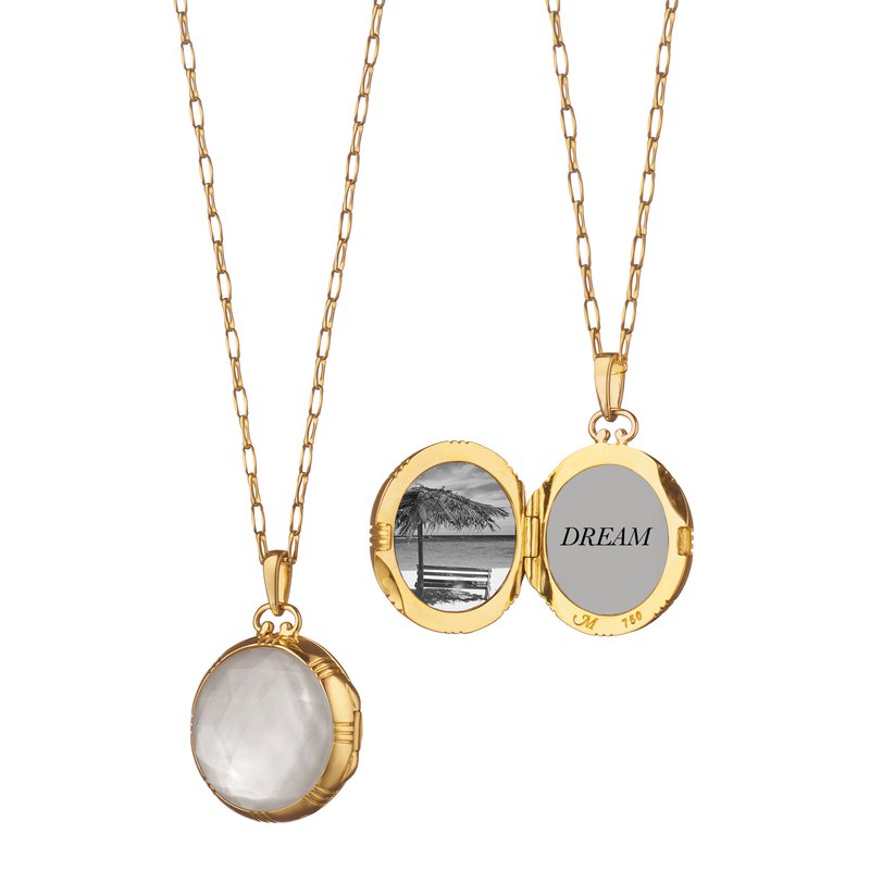 Lockets Rock Crystal and Mother of Pearl Pendant on Chain in 18K Yellow Gold, 30in