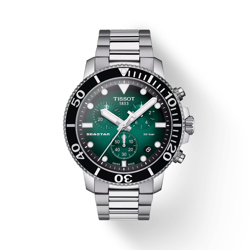 45.5mm Seastar 1000 Quartz Chronograph Watch with Green Gradient Dial in Stainless Steel, Bracelet