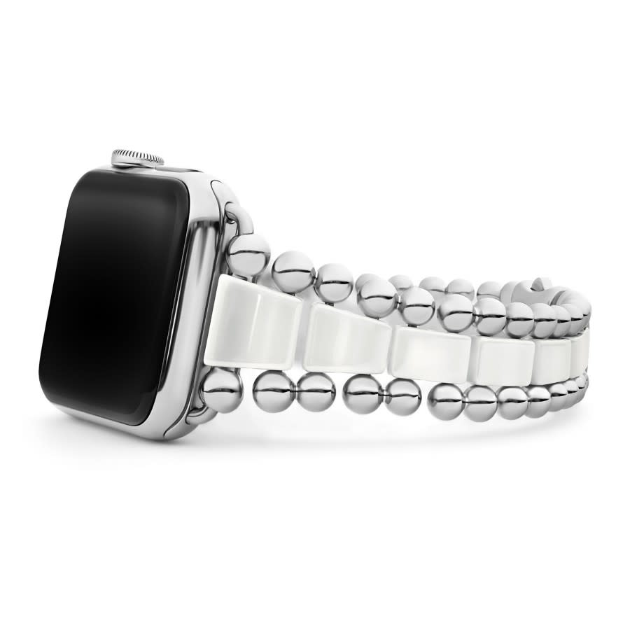 42mm Smart Caviar Link Watch Bracelet in Stainless Steel and White Ceramic, size 8