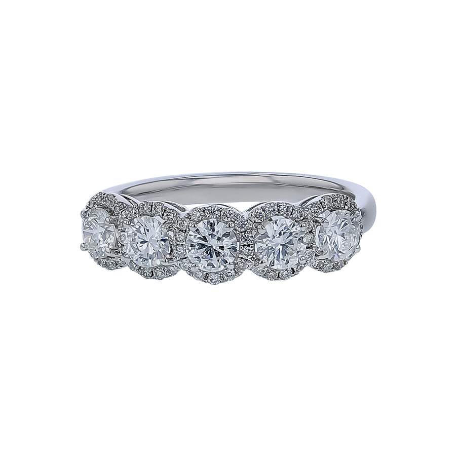 2.07ct Diamond 5 Stone Halo Ring in 18K White Gold, size 7