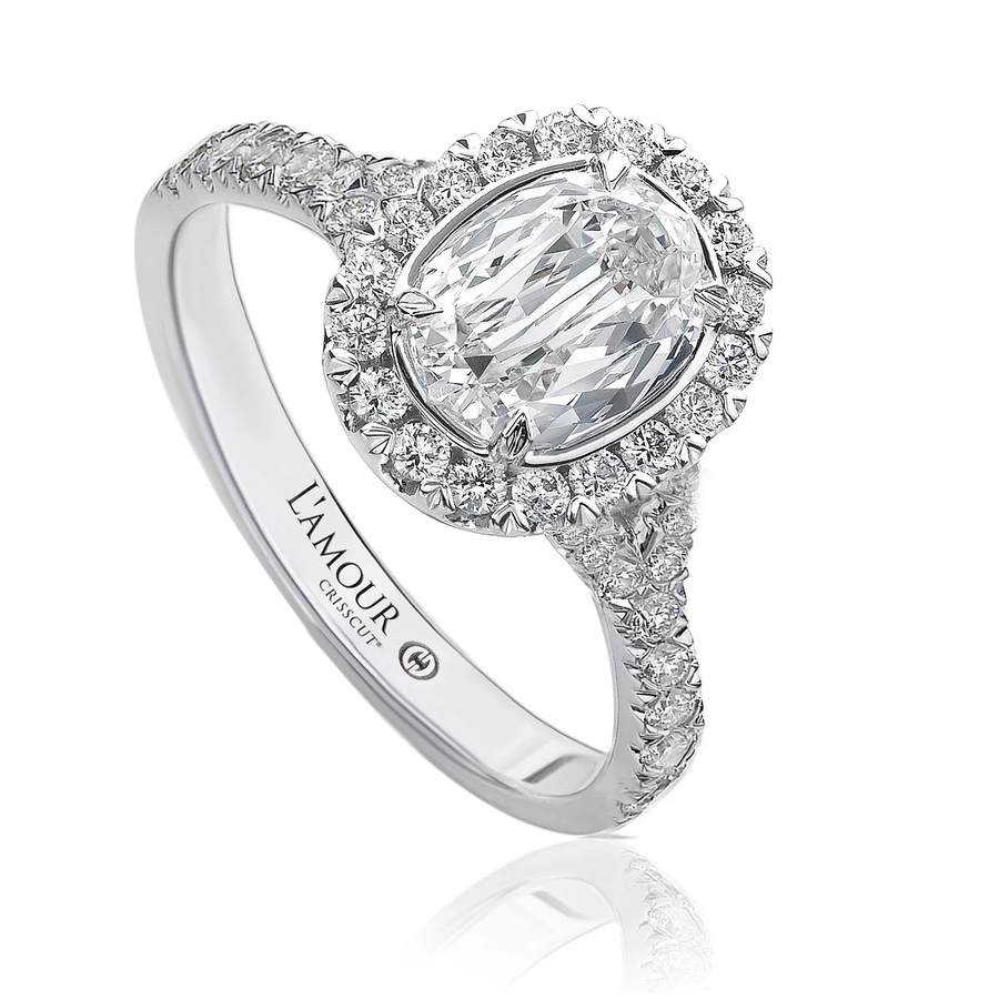 0.70ct L'amour Crisscut Oval Diamond and 0.50ct Diamond Halo Ring in 14K White Gold, size 6.5
