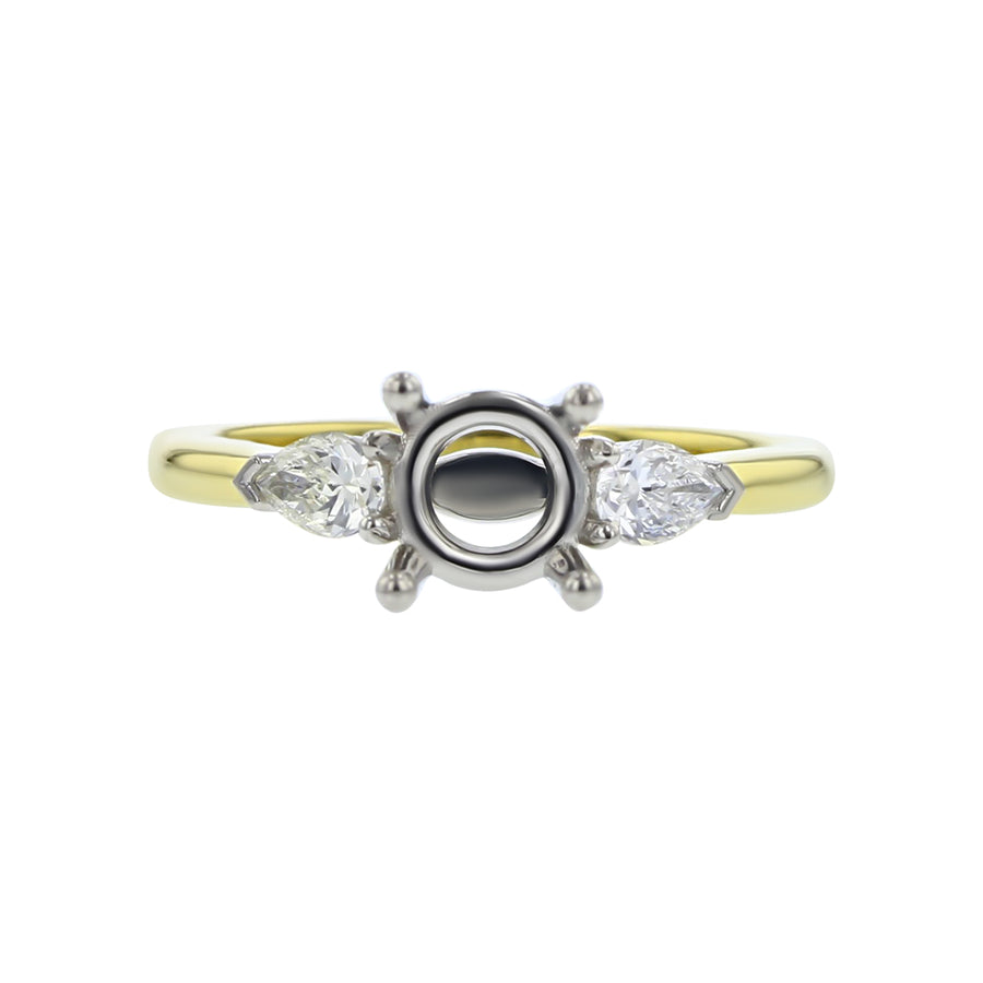 18K Yellow Gold and Platinum 0.36 Pear Diamonds Signature Semi Mount Ring for 1.0ct Center Stone, size 6.5