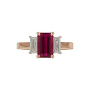 1.72ct Emerald Cut Rubellite Tourmaline 0.56ct Diamond 3 Stone Ring in 18K Rose Gold, size 6.25