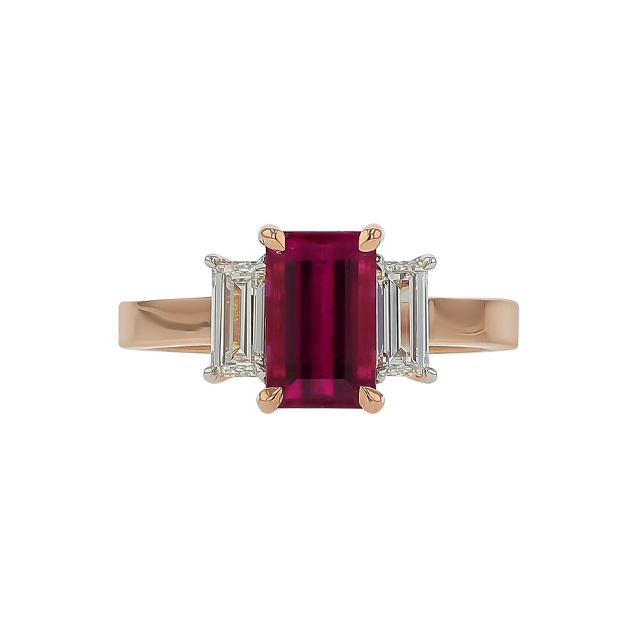 1.72ct Emerald Cut Rubellite Tourmaline 0.56ct Diamond 3 Stone Ring in 18K Rose Gold, size 6.25