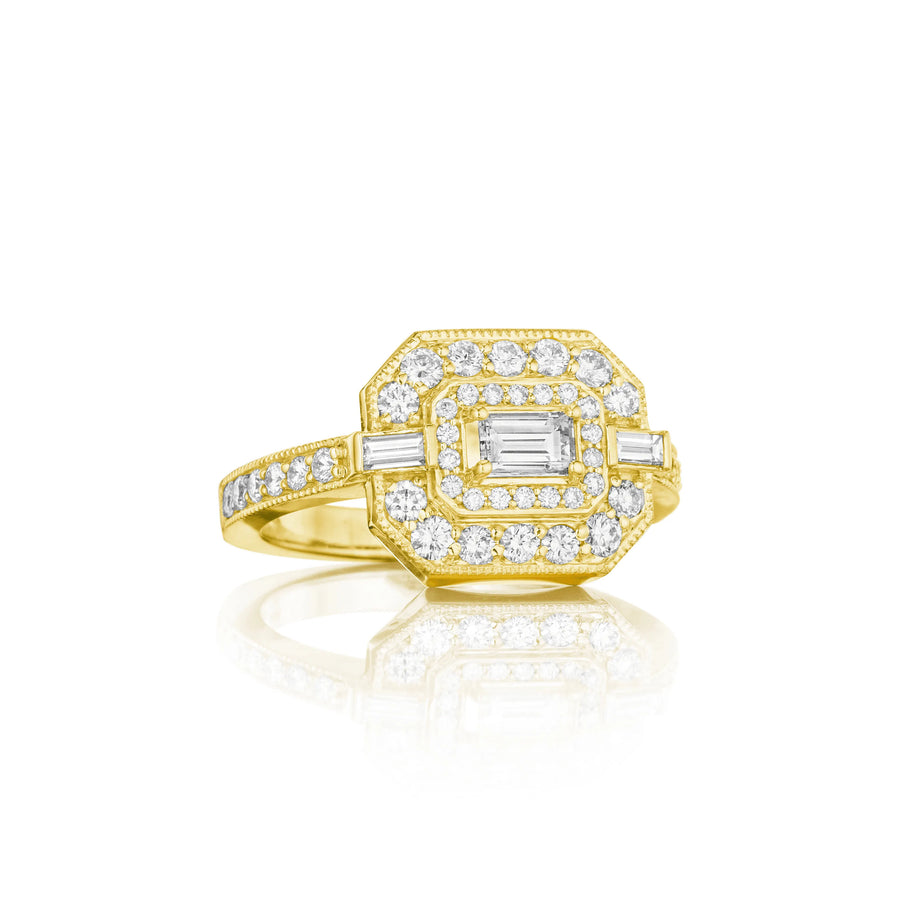 The New Rendition 1.01ct Round and Emerald Cut Diamond Double Halo Ring in 18K Yellow Gold, size 6.5