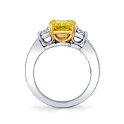 Harmonie 3.02ct Radiant Cut Fancy Yellow Diamond and 0.58ct Trapezoid Diamond and 0.28ct Diamond 3 Stone Ring in Platinum and 18K Yellow Gold