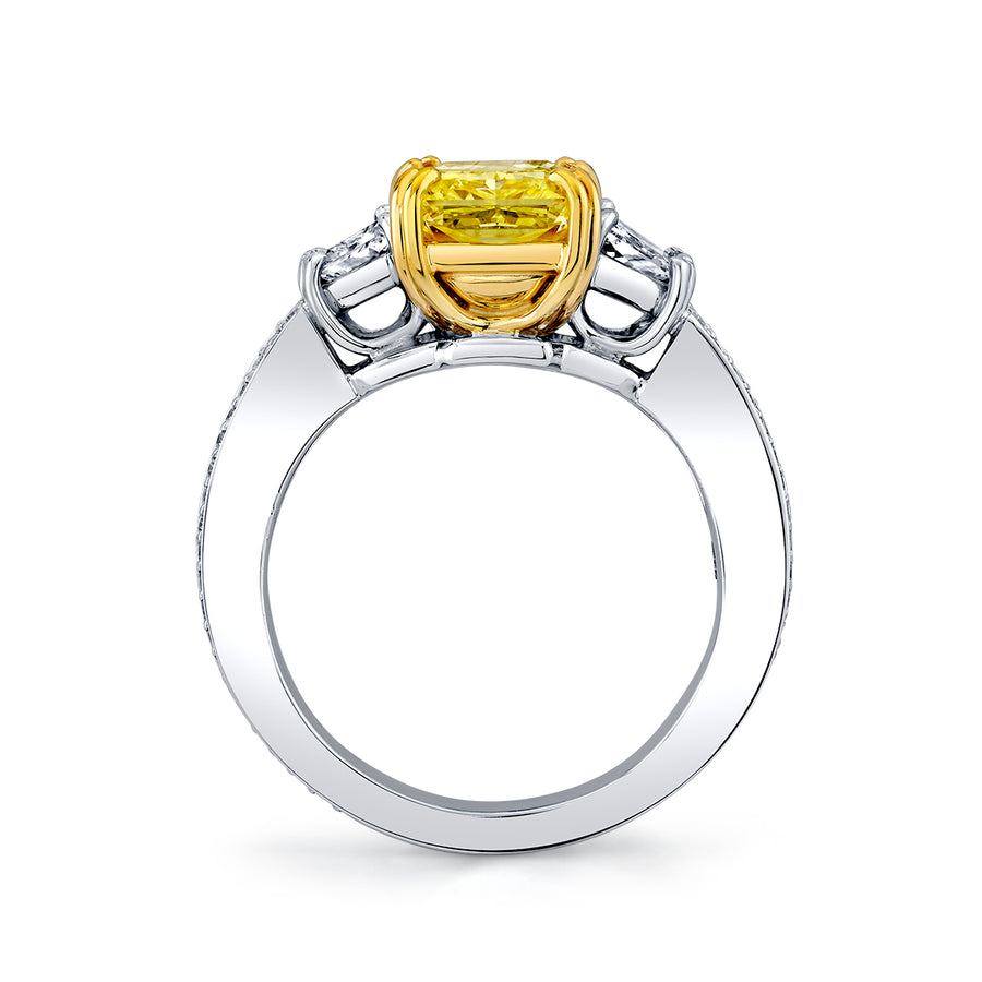 Harmonie 3.02ct Radiant Cut Fancy Yellow Diamond and 0.58ct Trapezoid Diamond and 0.28ct Diamond 3 Stone Ring in Platinum and 18K Yellow Gold