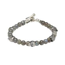 Crescent Labradorite and Skull Beaded Bracelet in Sterling Silver, Large