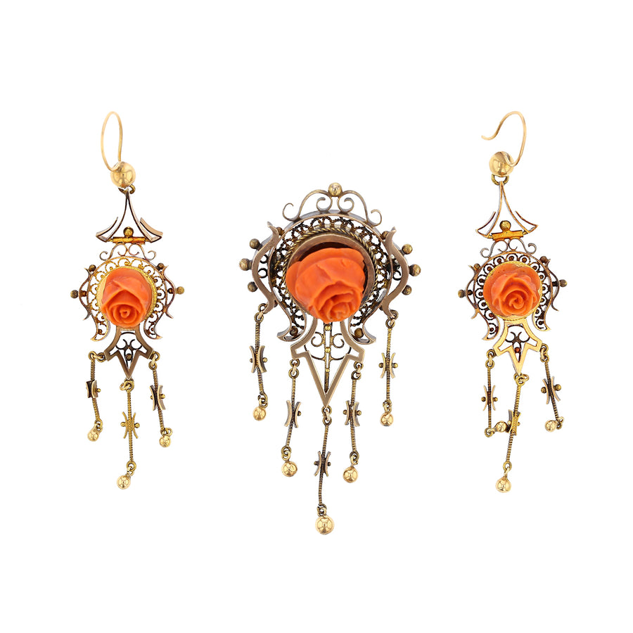 Coral Victorian Earrings and Brooch Set in 14K Yellow Gold