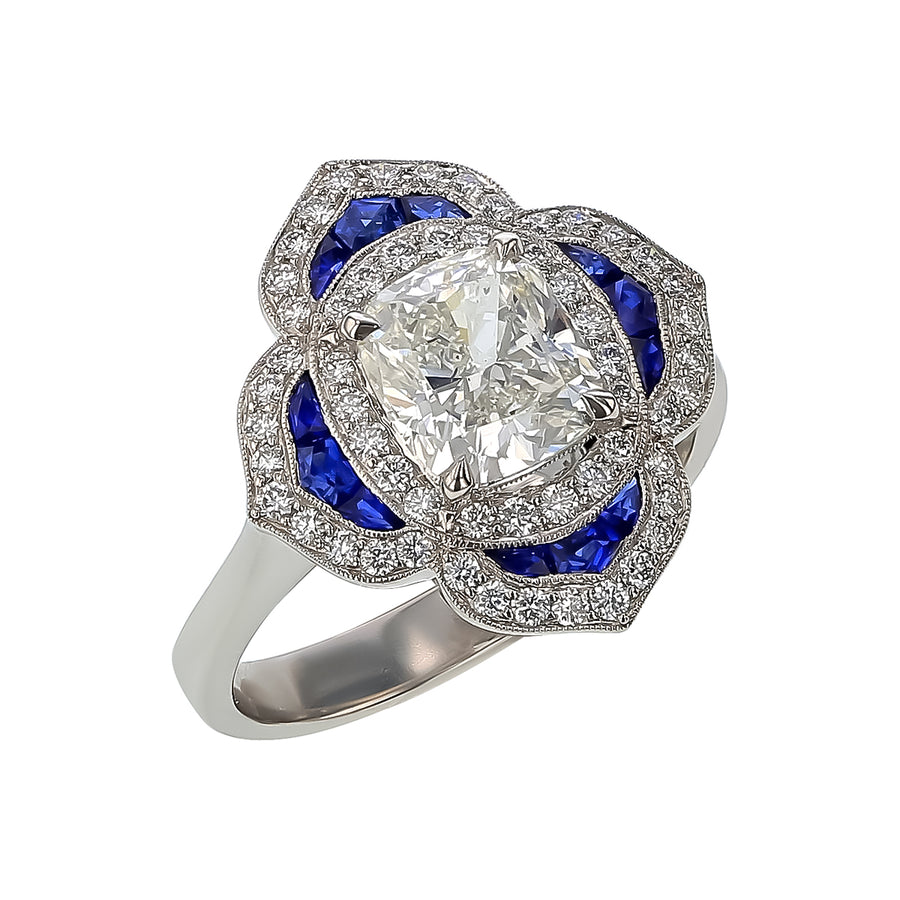 1.80ct Cushion Diamond and 0.35ct Diamond and 0.35ct Sapphire Quatrefoil Halo Ring in Platinum, size 6.5