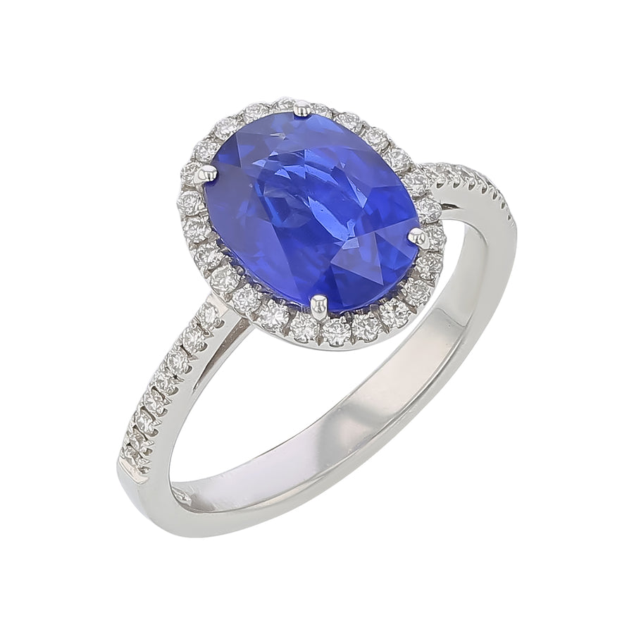 2.89ct Oval Sapphire and 0.21ct Diamond Halo Ring in 18K White Gold, Size 6.25