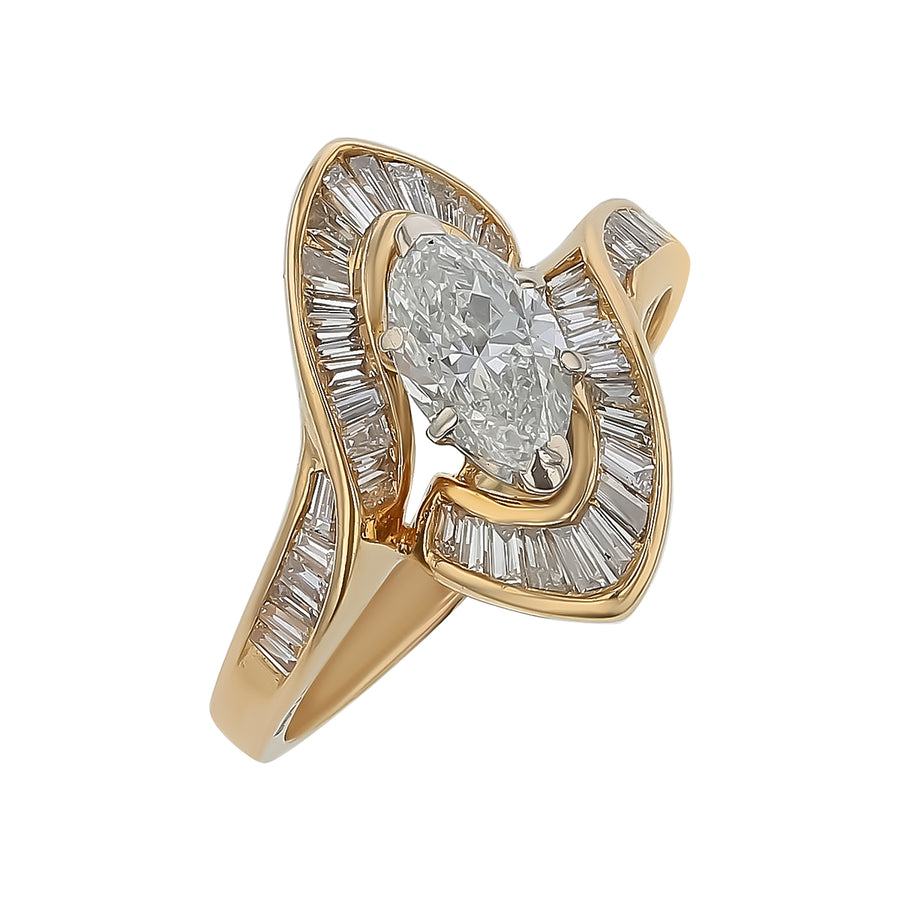 1.75ct Marquise and Tapered Baguette Diamond IJ/VS2-SI1 Halo Ring in 18K Yellow Gold, Size 8.75