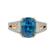 5.22ct Cushion Cambodian Blue Zircon and 0.54ct Trapezoid Diamonds 0.34ct Full Cut Diamonds Ring in 18k Yellow Gold, Size 6.5
