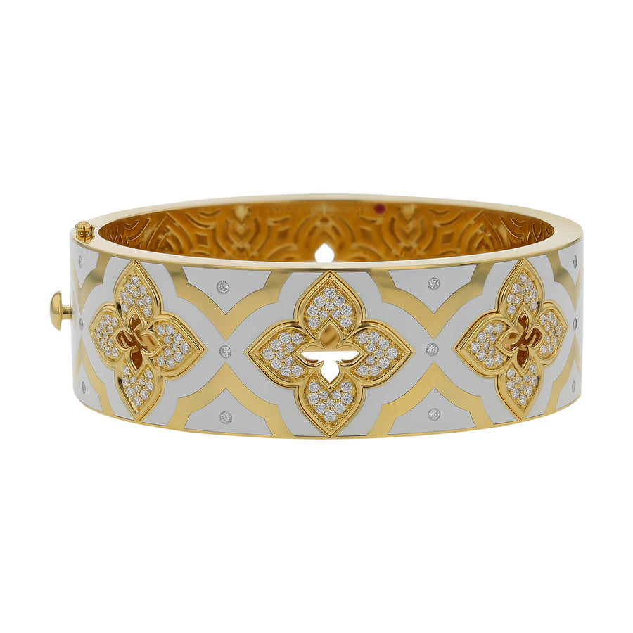 Venetian Princess 1.08ct Diamond Flower Bangle Bracelet in White Enamel and 18K Yellow Gold