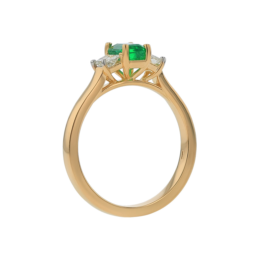 0.70ct Emerald Cut Zambian Emerald and 0.33ct Diamond 3 Stone Ring in 18K Yellow Gold, Size 6.25
