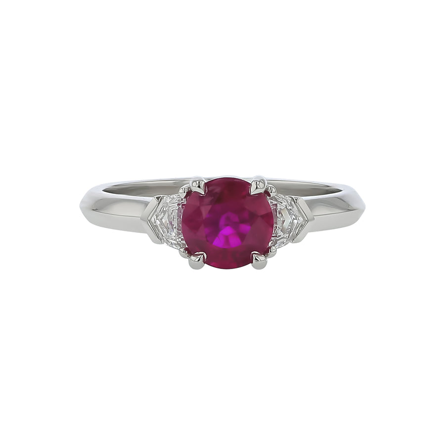 1.16ct Round Burma Ruby and 0.29ct Diamond 3 Stone Ring in Platinum, size 6