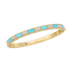 Mosaic Round Diamond Rectangular Turquoise Bangle in 18K Yellow Gold, 48x58mm