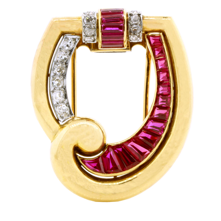 0.49ct Old Single Cut Diamond and Baguette Ruby Retro Pendant and Pin in 18K Yellow Gold