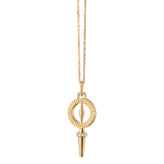 True North 0.05ct Diamond Compass Key Pendant in 18K Yellow Gold, 16-17" chain