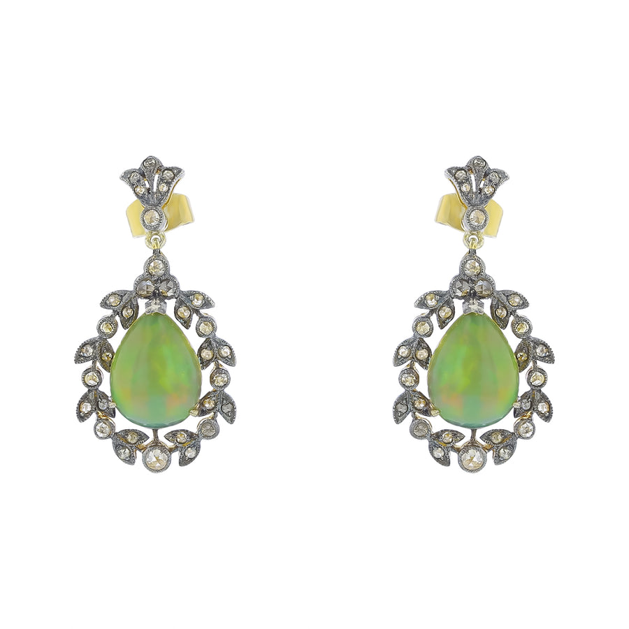 Edwardian 0.67ct Rose Cut Diamond and Cabochon Fire Opal Drop Earrings in Sterling Silver and 14K Yellow Gold