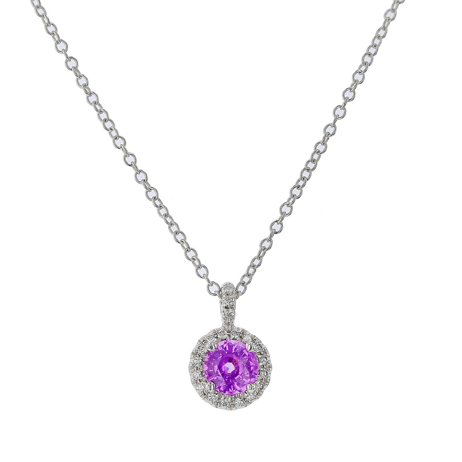 Pink Sapphire and Diamond Halo Pendant in Platinum and 18K White Gold, 18in