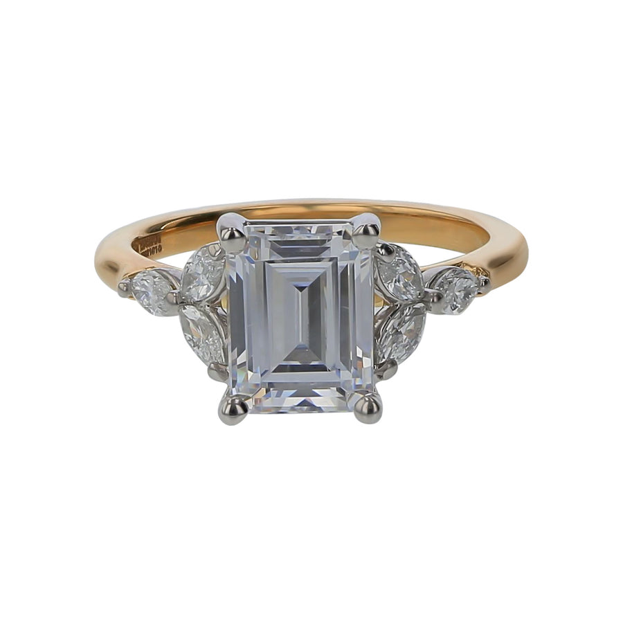 New Aire 0.43ct Diamond Ring Semi Mount for 2.00ct Emerald Cut in 18K Yellow Gold and Platinum, Size 6