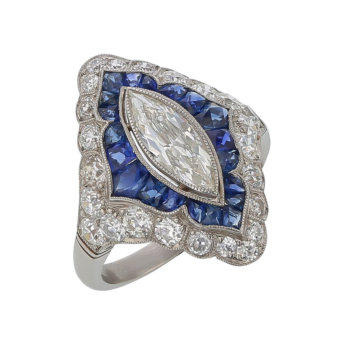Marquise, Round Diamond and French Cut Sapphire Art Deco Ring in Platinum, Size 7.25
