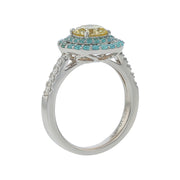 1.03ct Round Fancy Yellow Diamond and 0.37ct Paraiba and 0.10ct Diamond Double Halo Ring in 18K White Gold, Size 5.5