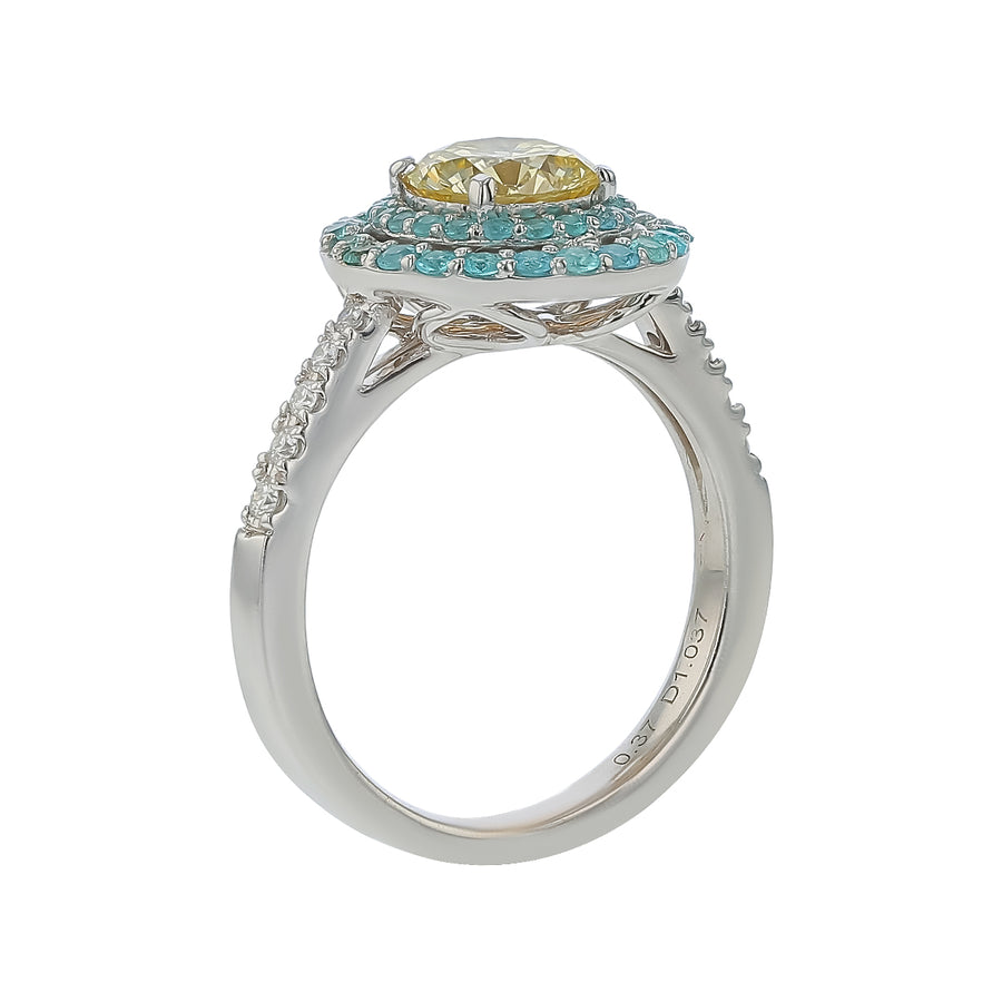 1.03ct Round Fancy Yellow Diamond and 0.37ct Paraiba and 0.10ct Diamond Double Halo Ring in 18K White Gold, Size 5.5